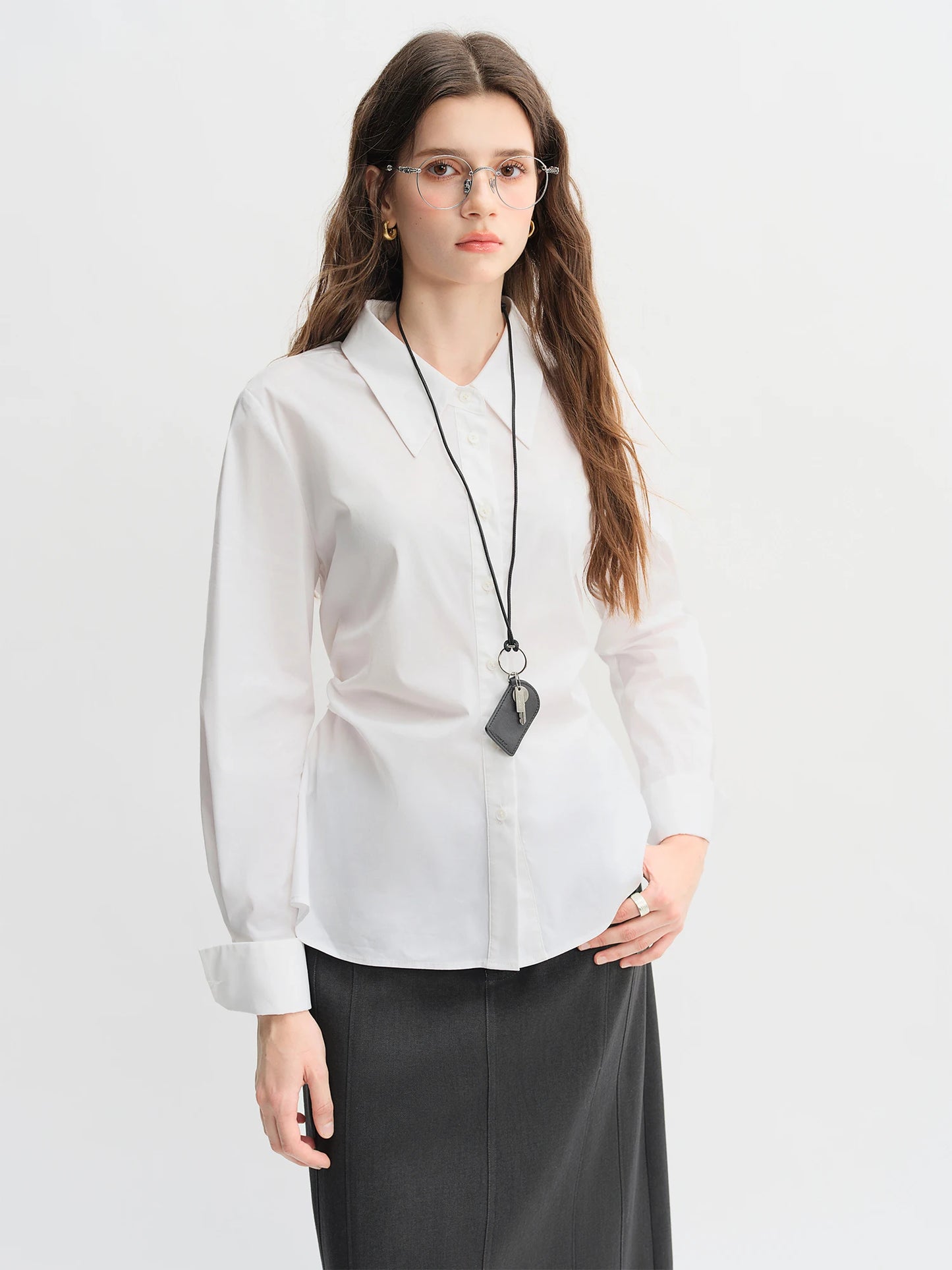 Pleated Tie-Waist Shirt & A-Line Skirt Suit - Tricolour Two-Piece