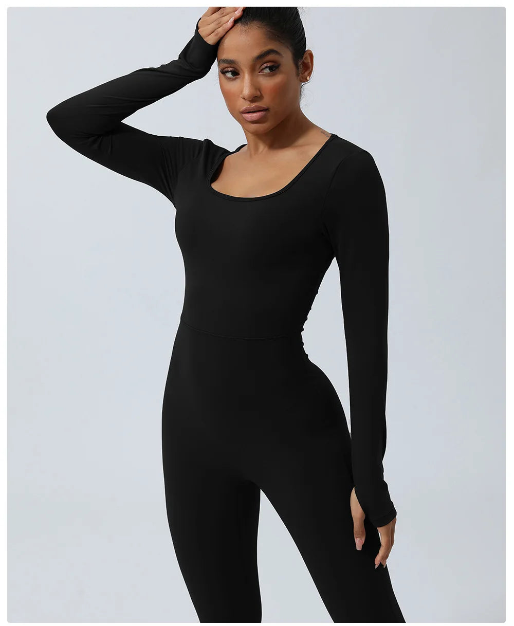 Women's Long Sleeve Gym Jumpsuit - One Piece Yoga Openwork Back Workout Breathable Sportswear