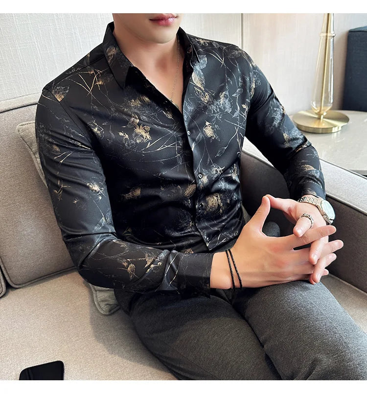 Men's Print Shirt - Slim Fit Long Sleeve Turn Down Collar Shirt