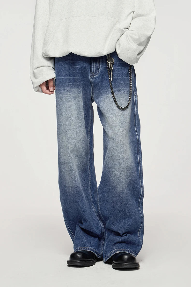 Unisex Retro Washed Jeans Stretch Straight Leg Denim Trousers
