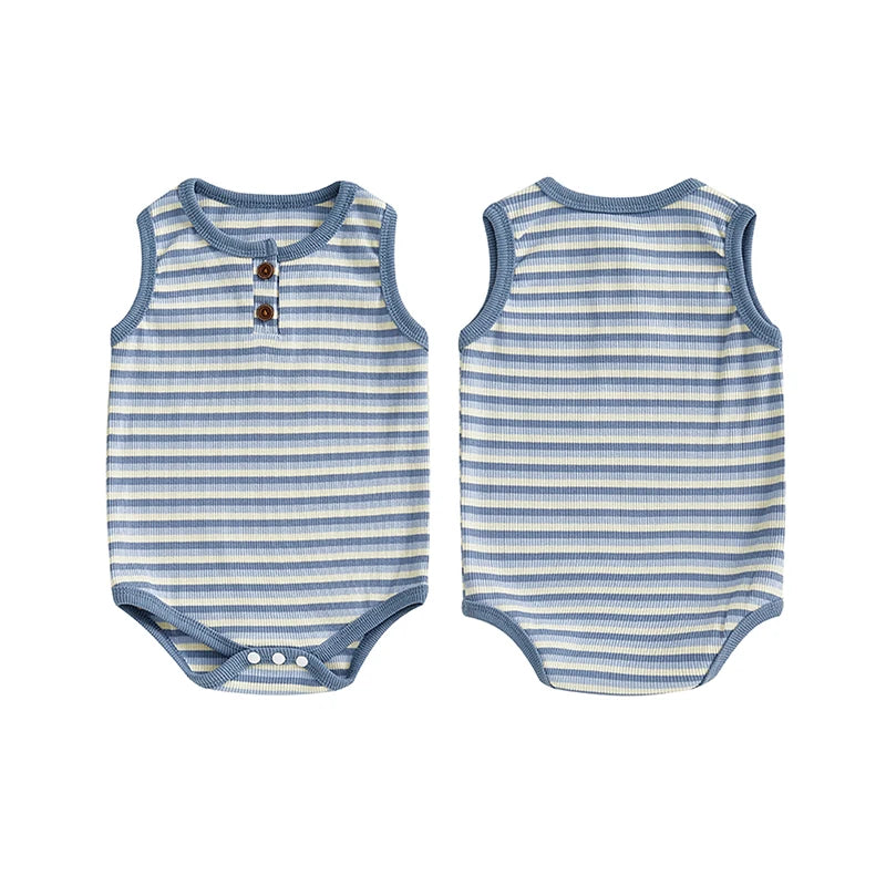 0-18M Baby Girls Boys Rompers Stripe Print Sleeveless Buttons Round Neck Summer Bodysuits Jumpsuit