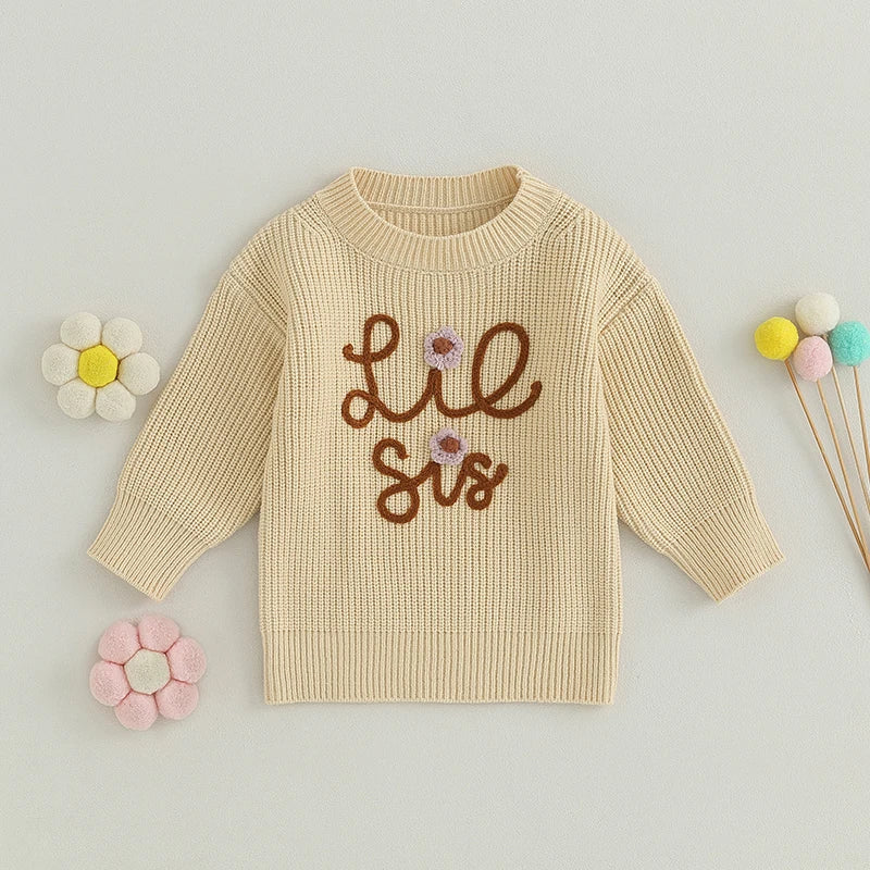 Toddler Girl's Sweater - Letter Embroidery Long Sleeve Crew Neck Pullover