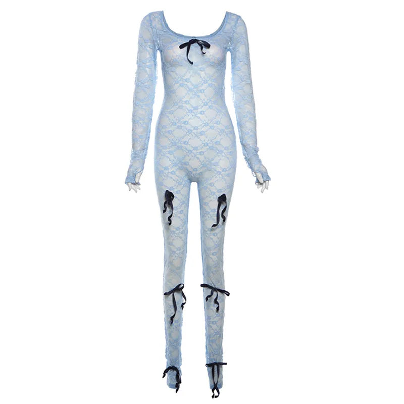 Women's See Through Mesh Jumpsuit Bow Splice Long Sleeve Bodycon One Piece
