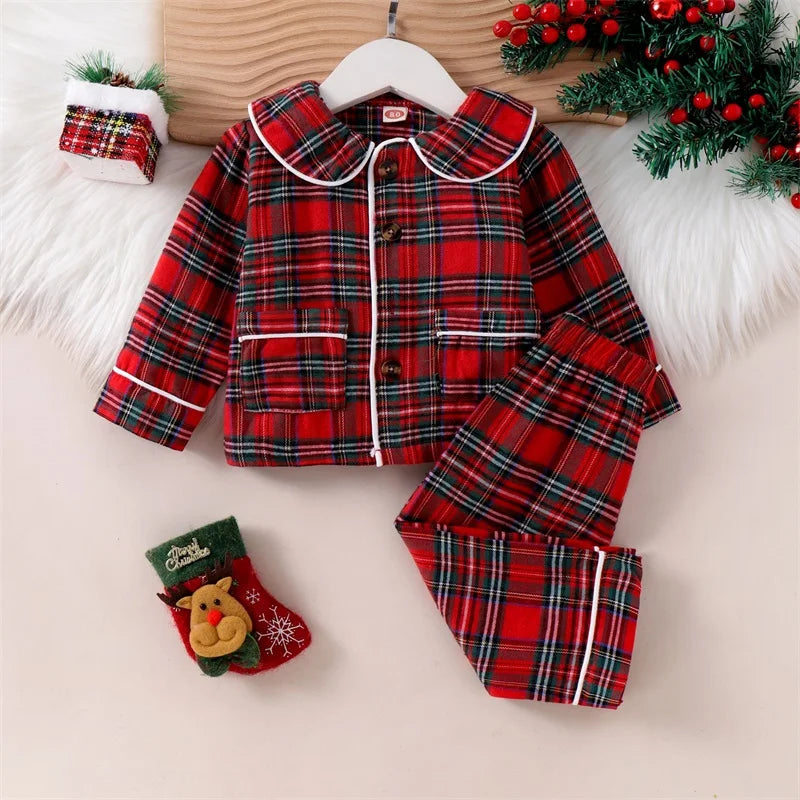 Kids Christmas Pajamas Set - Plaid Print Turn Down Collar Shirt & Pants