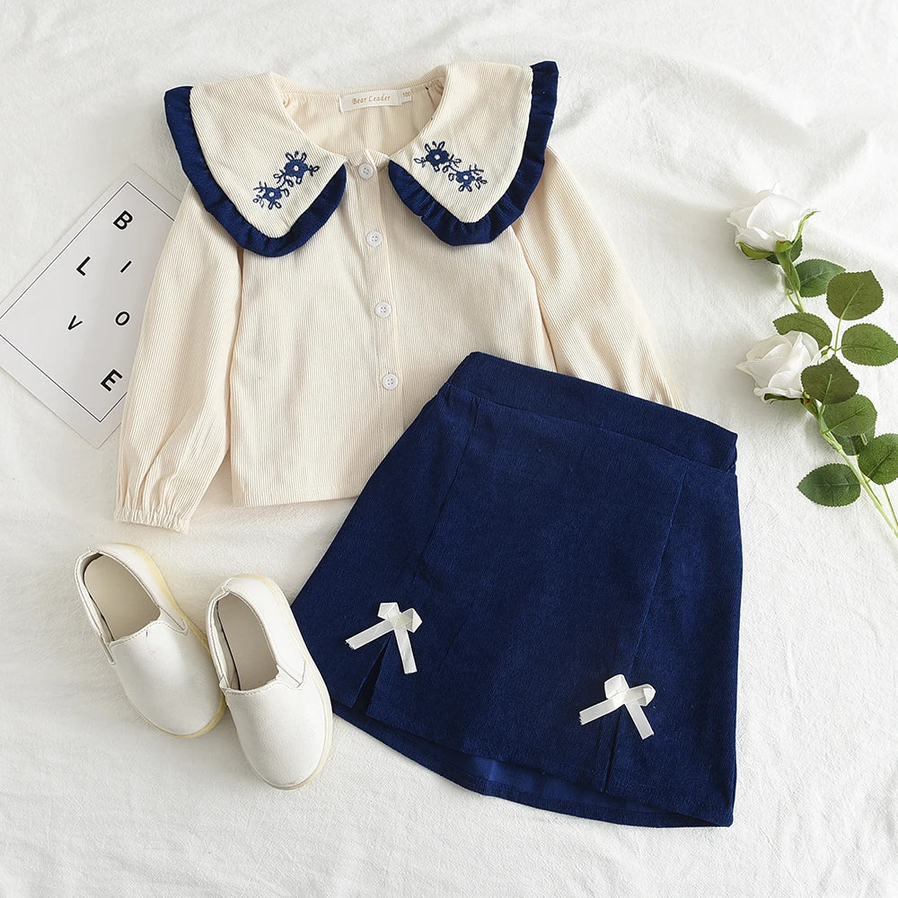 Girl's Long Sleeve Half Doll Neck Shirt Top and Bow Skirt Two Piece Set