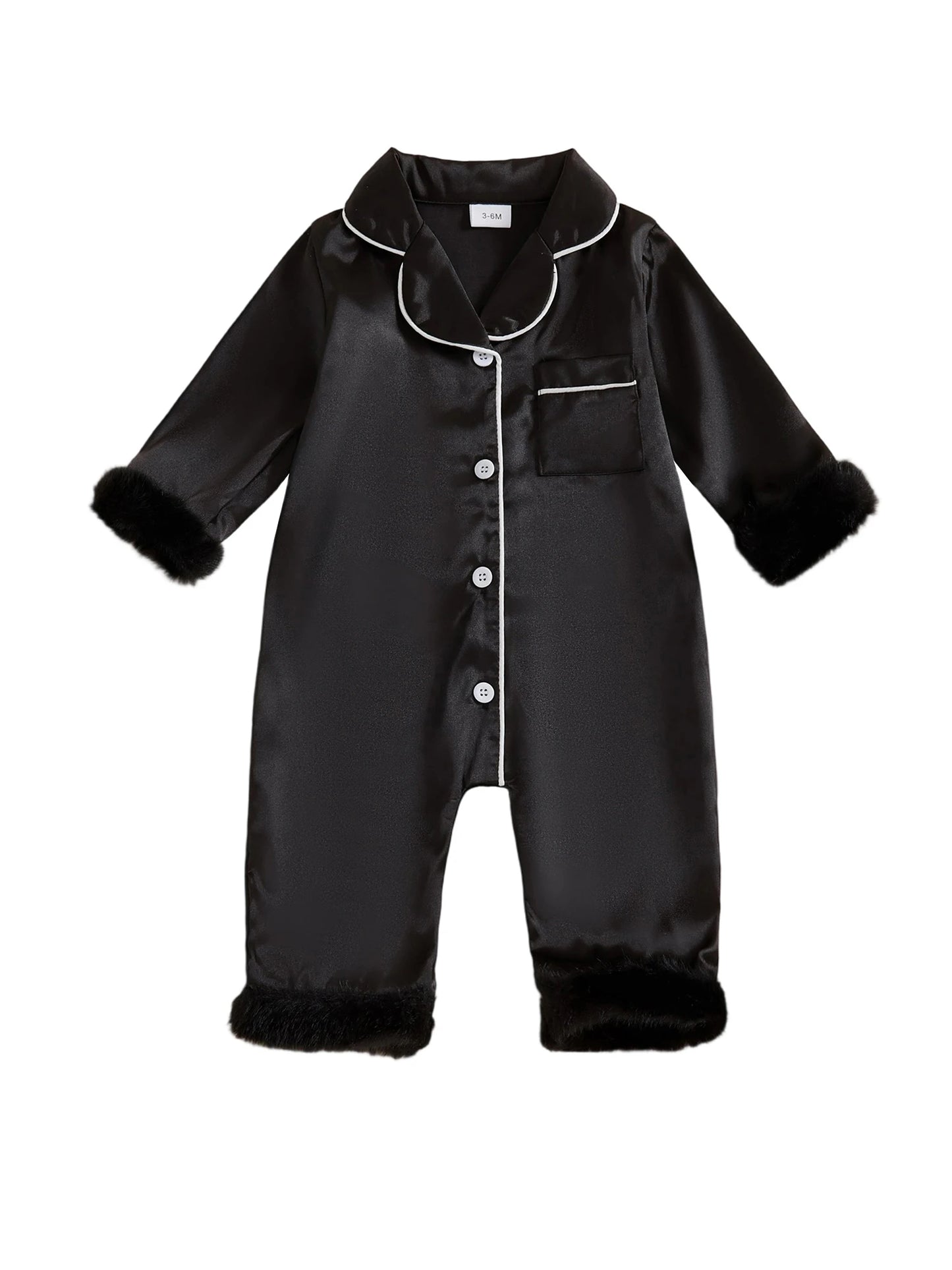 Baby Satin Pajama Romper - Fur Trim Button Down with Lapel