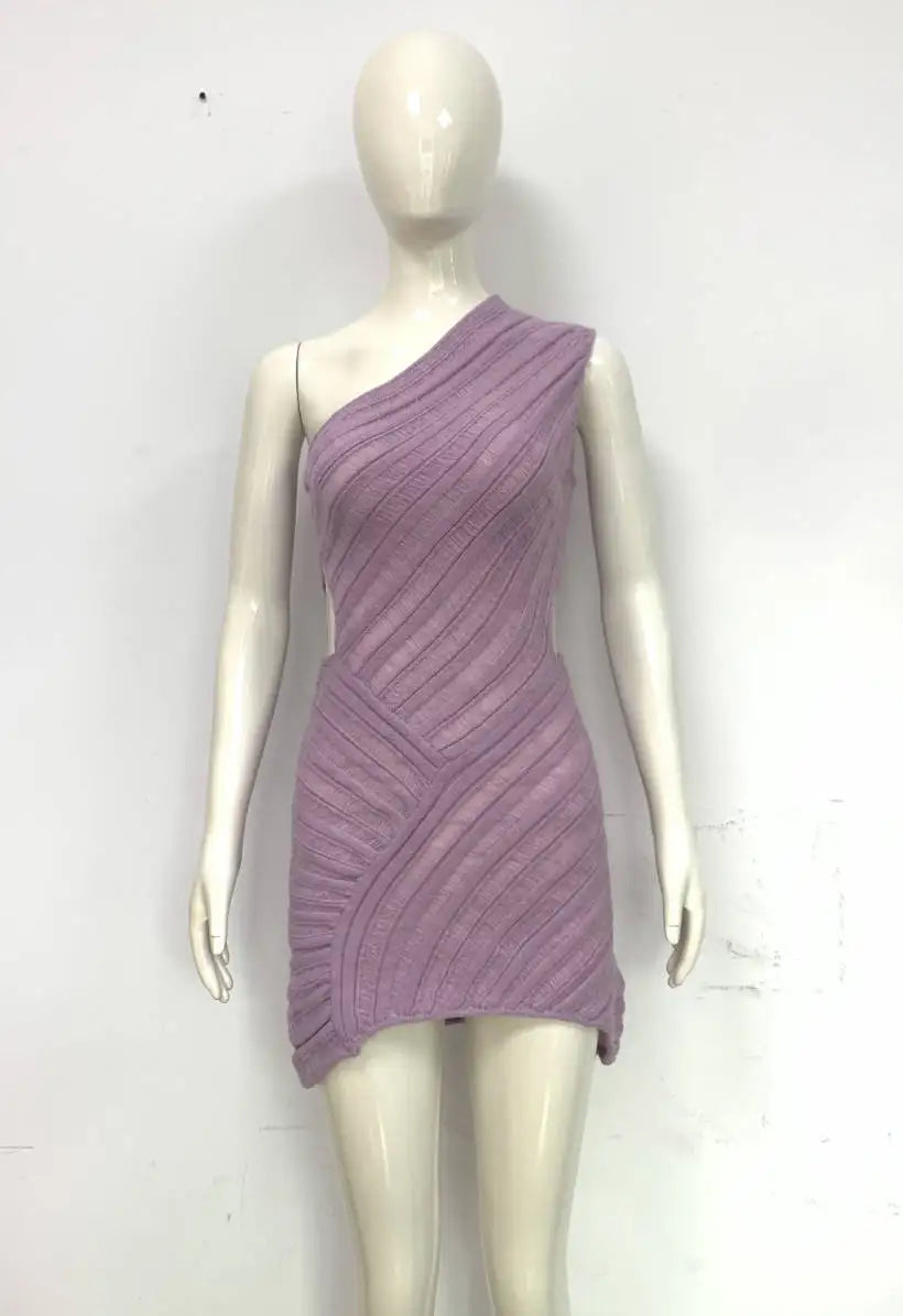 Women's Irregular Cut Out Knitted Mini One Shoulder Summer Sleeveless Bodycon Party Dress
