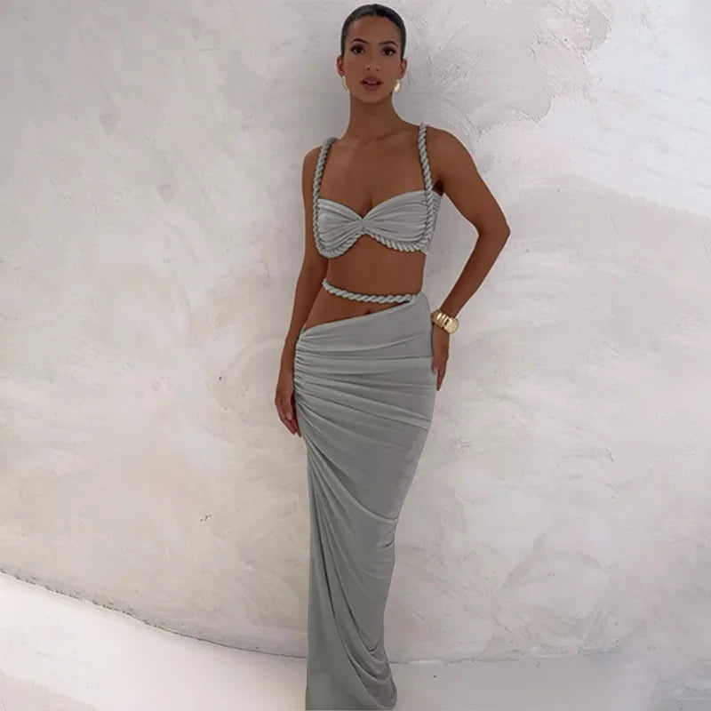 Women's Ruched Bandage 2 Piece Set Backless Decorative Cord Top and Skirt Dress Set