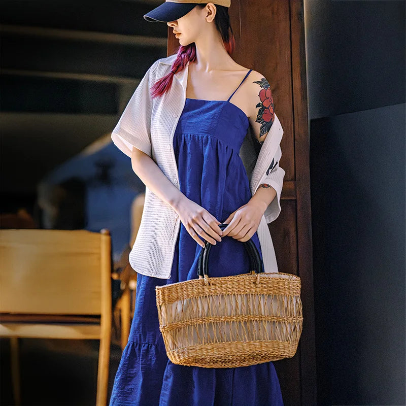 Women's Blue Seersucker Sleeveless A-Line Beach Dress - Summer Vacation Strappy Slip Dress