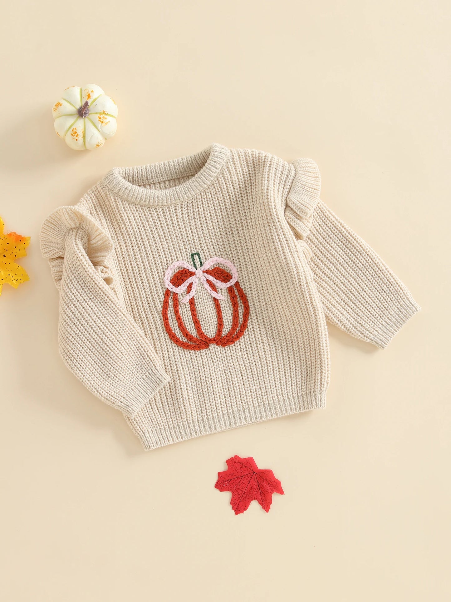 Baby Fall Sweater - Bow Pumpkin Embroidery Round Neck Knit Pullover