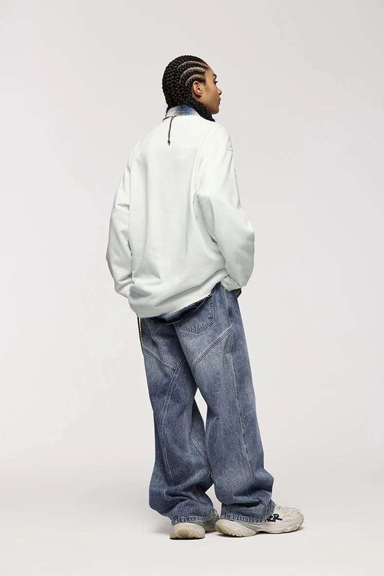 Unisex Retro Washed Jeans Stretch Straight Leg Denim Trousers