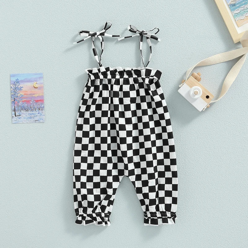 Summer Baby Girls Sweet Romper Clothing 0-24M Strap Sleeveless Lace Up Plaid Printed Jumpsuit