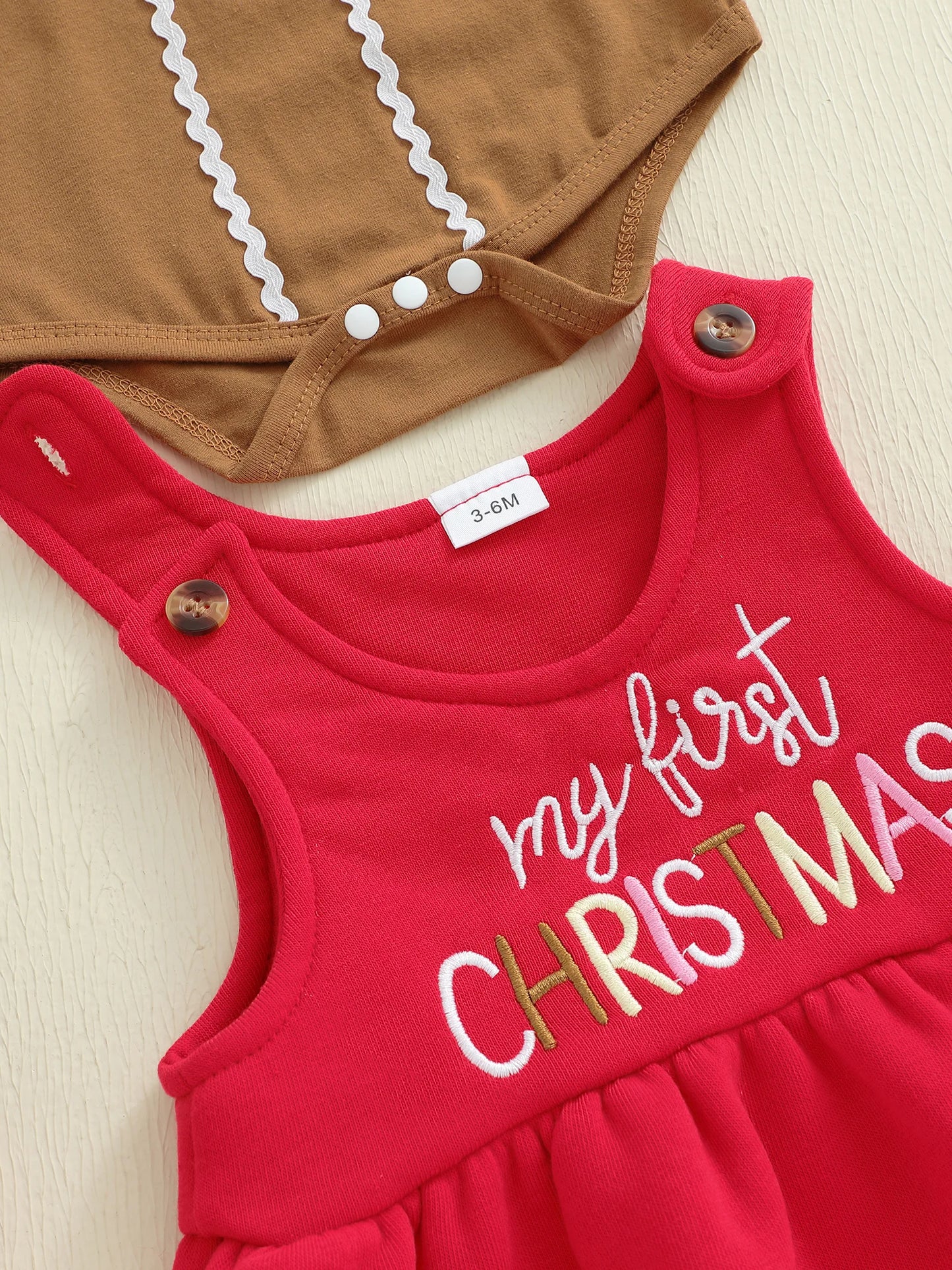 Baby Girls Christmas Clothes Set - Long Sleeve Romper & Gingerbread Man Embroidery Overalls Dress