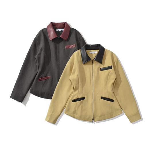 Women's Retro Faux Leather Patchwork Jacket - Slim Fit Long Sleeve Lapel Style