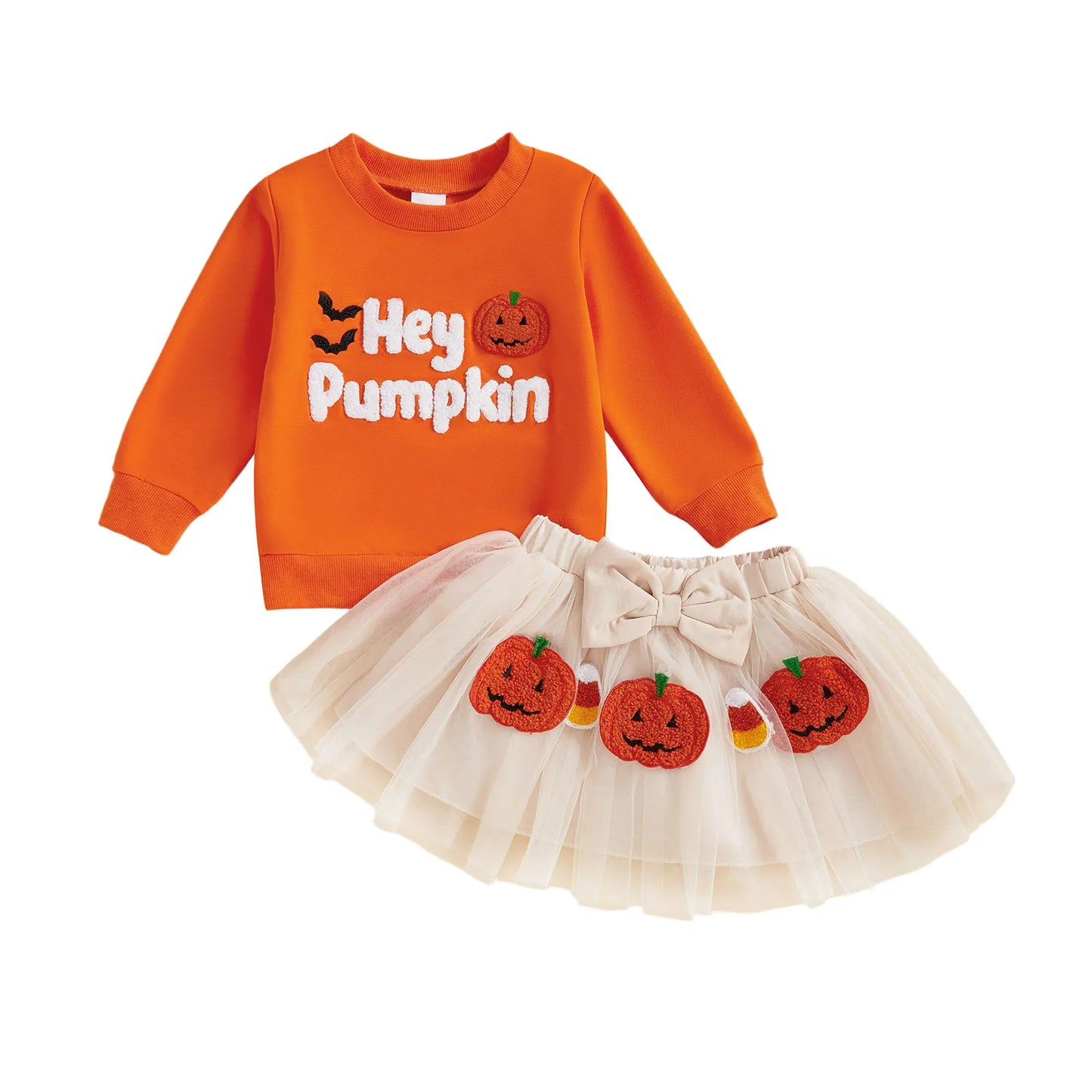 Baby Girl's Halloween Outfit Set - Cartoon Letter Sweatshirt & Ghost Tulle Skirt