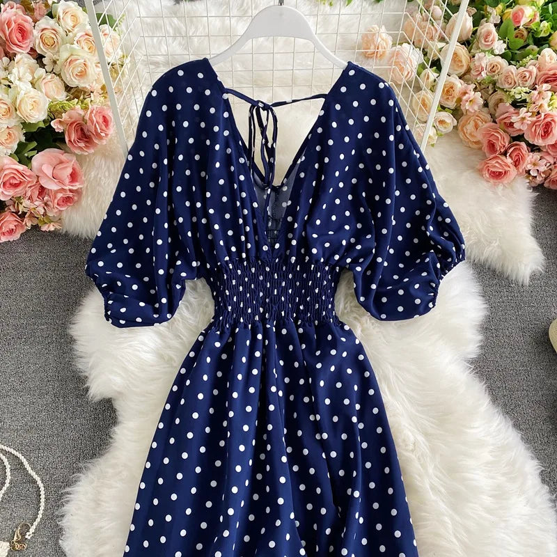 Women's V-Neck Polka Dot Jumpsuit - Wide Leg Trousers with Dolman Sleeves