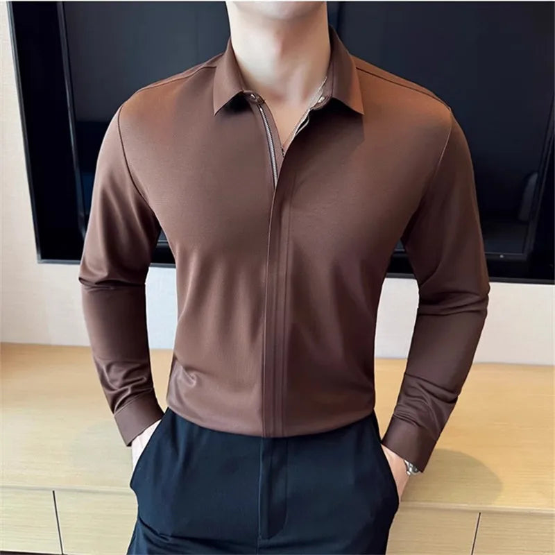 Men's Zipper Long Sleeve Smart Casual Slim Fit Turn Down Collar Shirt