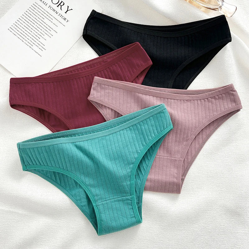 Women's 4Pcs Cotton Striped Underwear - Breathable Solid Briefs Low Waist Comfortable Stretch Lingerie
