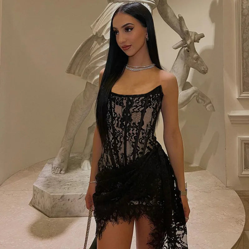Women's Strapless Lace Trim Corset Mini Dress - A-Line Backless Wrap Dress