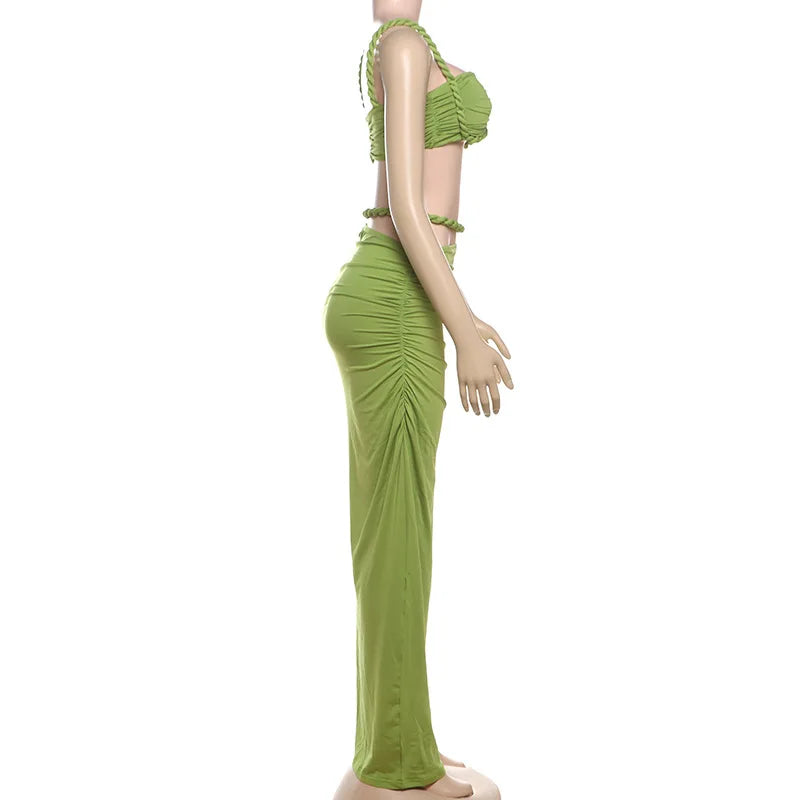 Women's Ruched Bandage 2 Piece Set Backless Decorative Cord Top and Skirt Dress Set