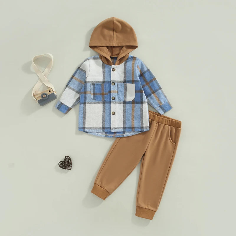 1-6Y Autumn Causal Kids Boys Clothes Sets 2pcs Plaid Printed Patchwork Hooded Long Sleeve Jacket and Trousers
