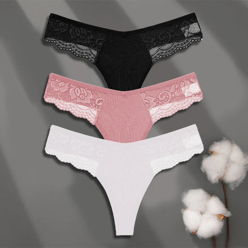 Cotton Lace Thongs - 3 Pack Low Waist Bikini Panties