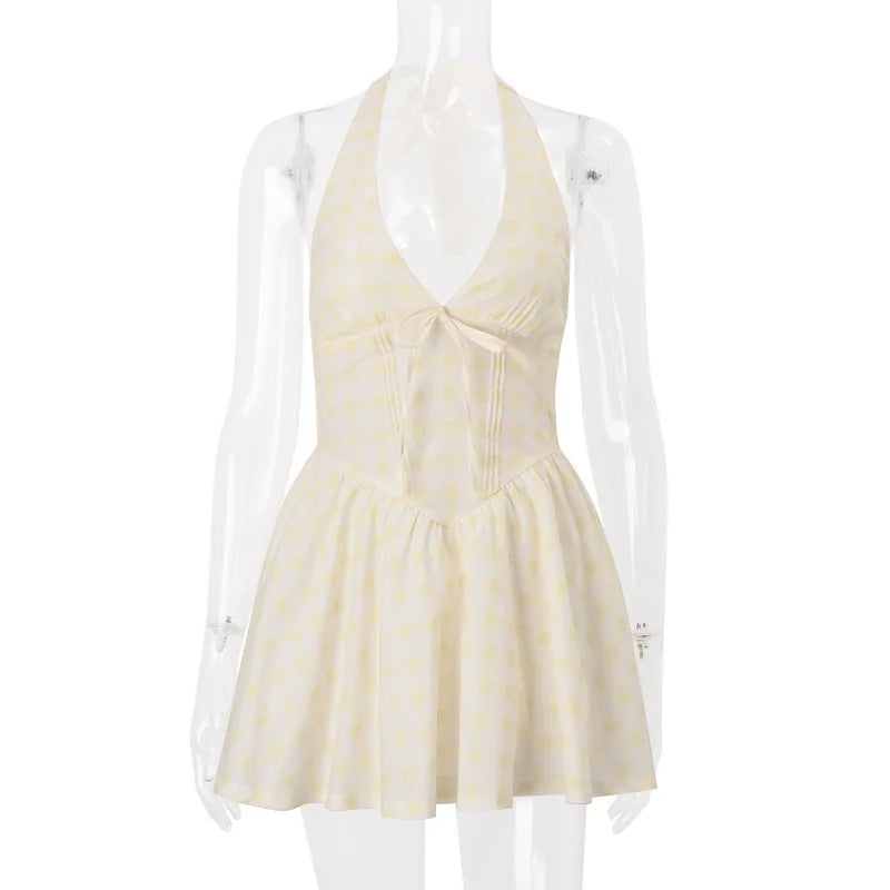 Elegant Plaid Mini Dress - Deep V-Neck Halter Summer Dress