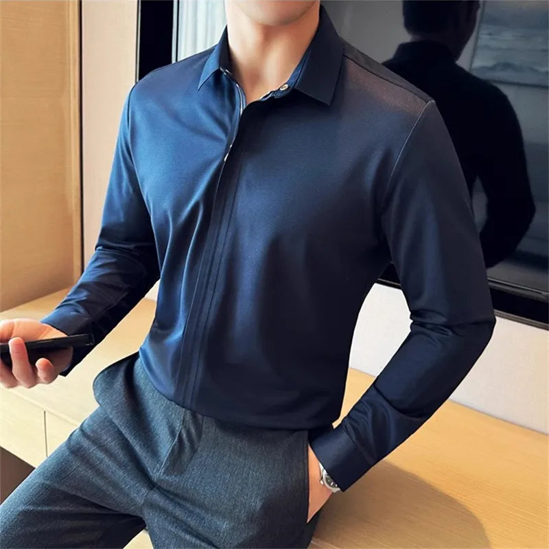 Men's Zipper Long Sleeve Smart Casual Slim Fit Turn Down Collar Shirt
