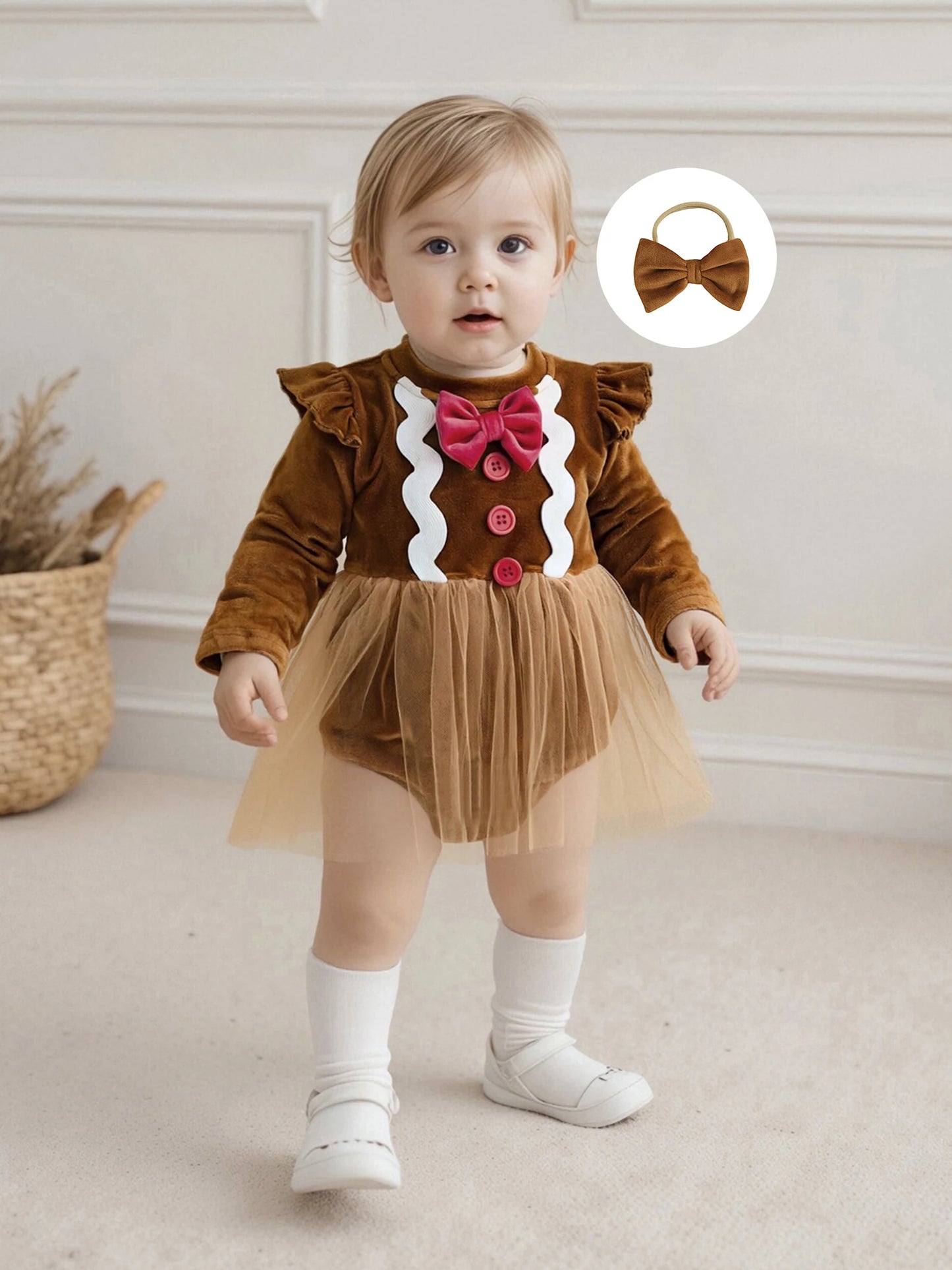 Baby Girls Christmas Gingerbread Man Romper Dress with Bow Headband (0-18M)