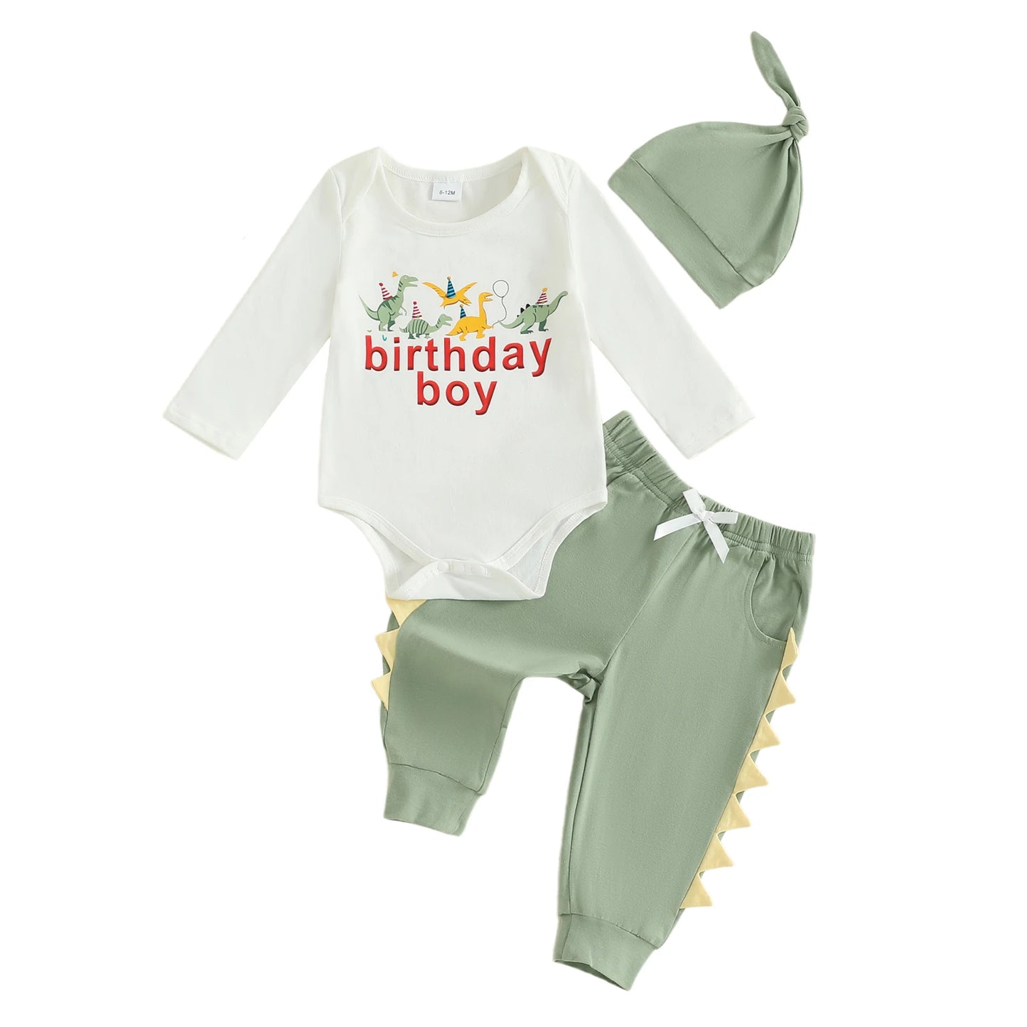 Baby Boys Dinosaur Outfit Set - 3-Piece Long Sleeve Romper, Pants & Hat (0-24M)