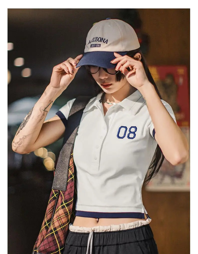 Women's White Embroidered Polo Shirt - Preppy Short Sleeve Tennis Top with Color-Block Design