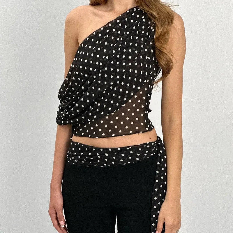 Women's Chiffon Polka Dot Summer Outfit Cropped Asymmetrical Basic Top