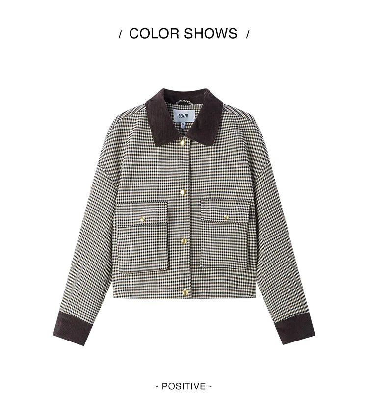 Women's Cropped Plaid Jacket - Turn Collar Loose Fit Autumn Fashion Coat