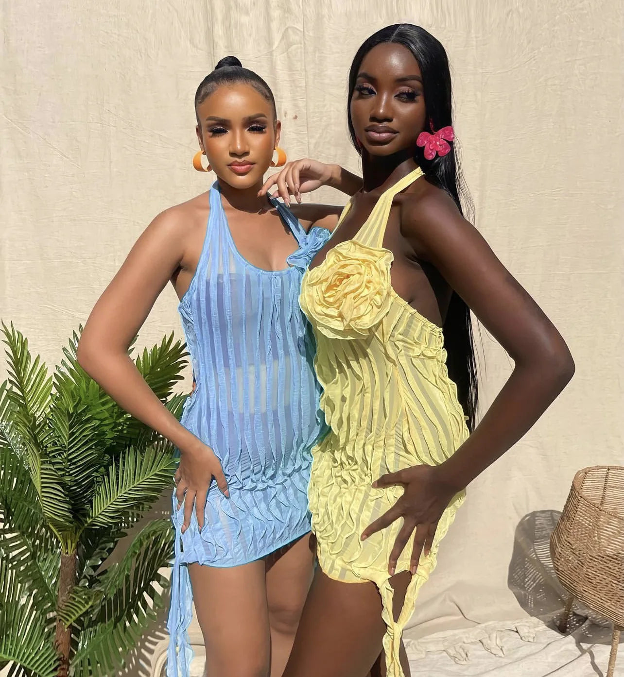 Women's Halter Pleated Flower Mesh See Through Beach Mini Ruched Dress