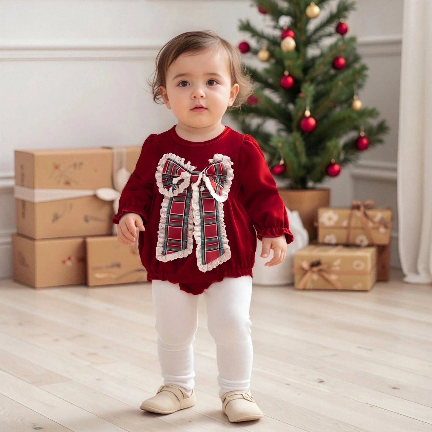Lovely Baby Velvet Christmas Romper with Plaid Bow (0-18M)