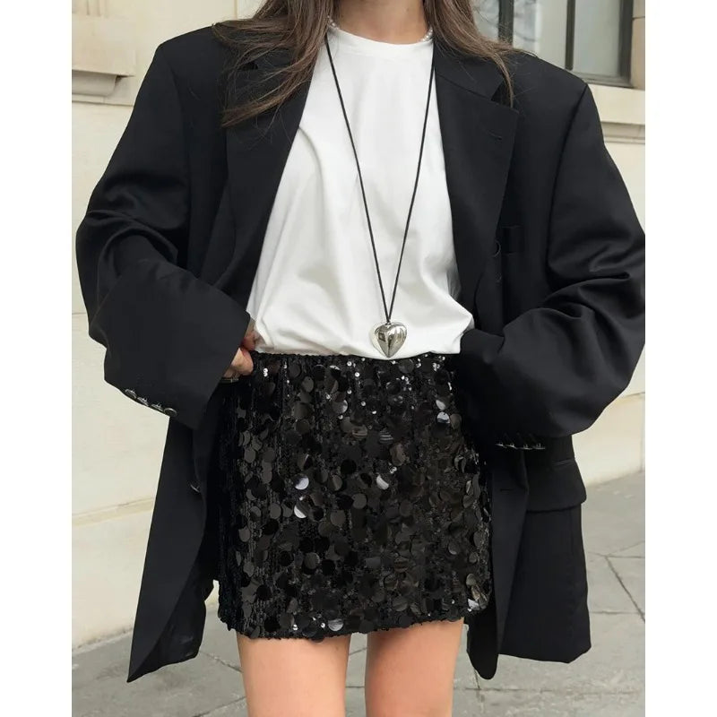 Women's High Waisted Sequins Skirt - Hip Wrap Mini Splice Glitter Skirt