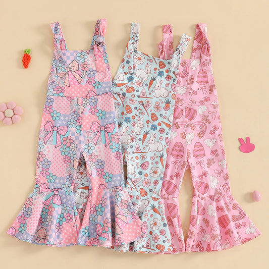Girls' Easter Romper Pants - Sleeveless Floral Rabbit Print Suspender Jumpsuit