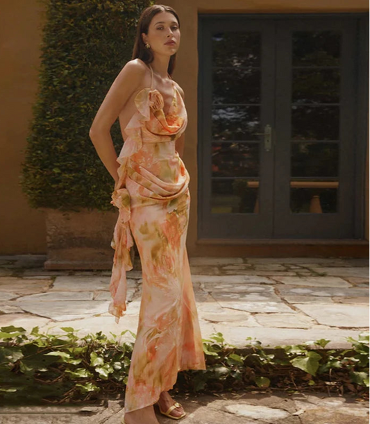 Women's Floral Applique Halter Maxi Dress