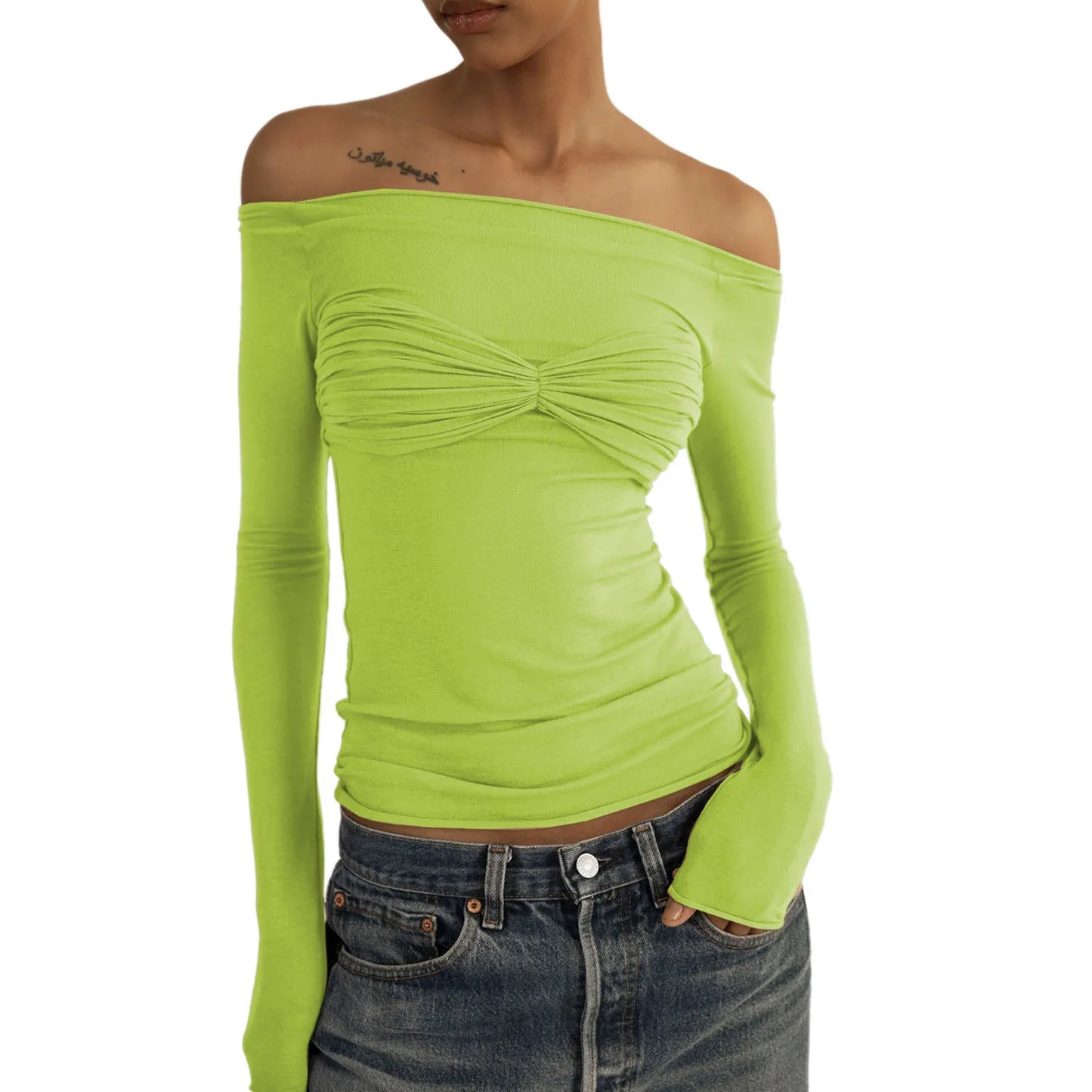 Women's Off Shoulder Ruched Knit Top - Long Sleeve Top