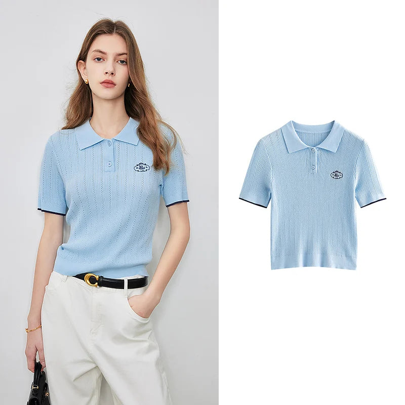 Women's Knitwear Contrast Color Hollow Out Polo Neck Short Sleeve Shirt