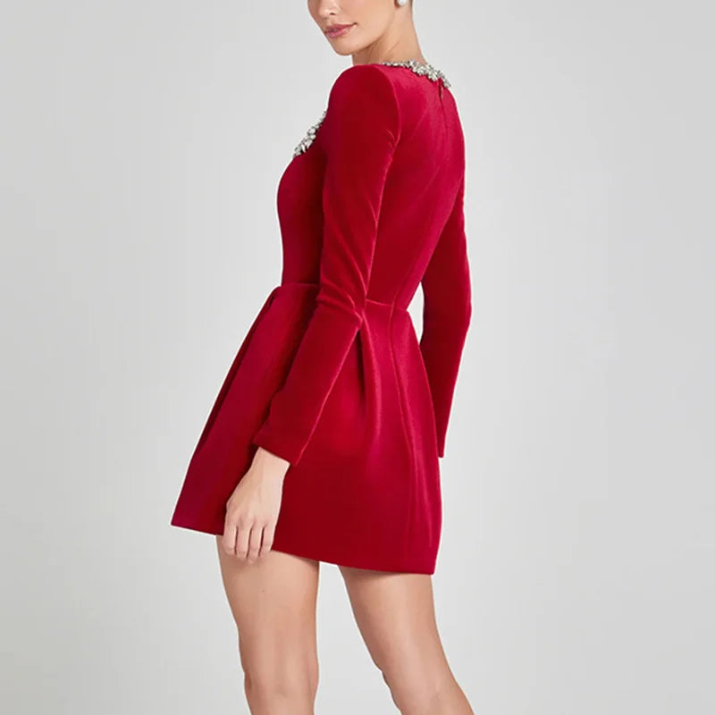 Women's Elegant Square Neck Diamond Short Velvet Two Pockets A-Line Long Sleeve Dress