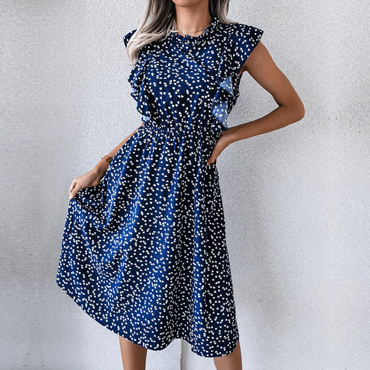 Women's Vintage Butterfly Sleeve Ruffles Heart Dot Print Medium Long Chiffon Spring Summer Dress