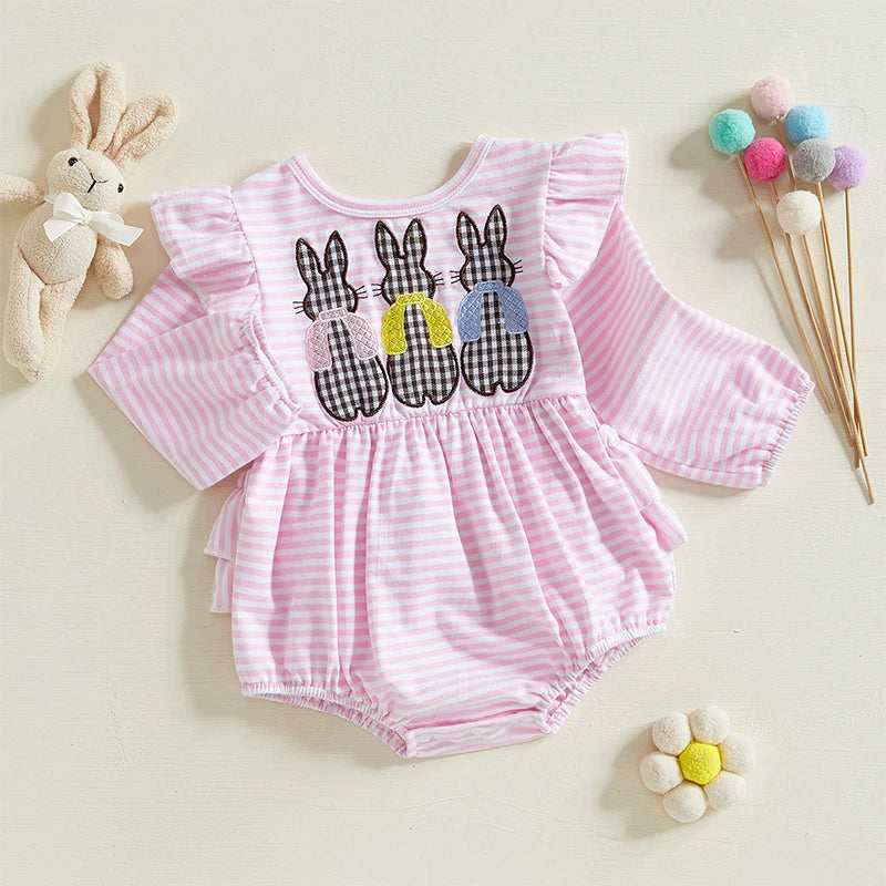 Baby Girls' Easter Spring Romper - Rabbit Embroidery Long Sleeve Striped Jumpsuit