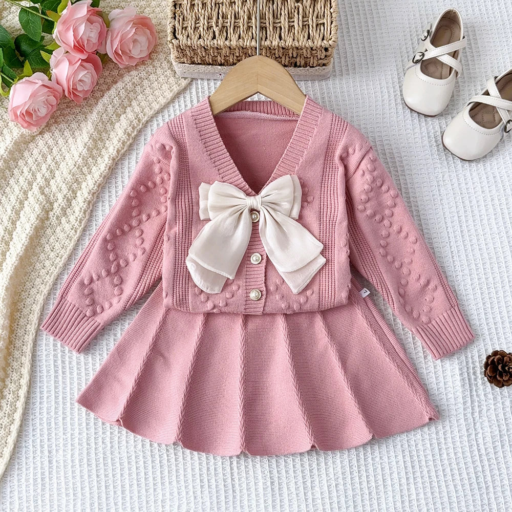 Girl's Winter Set V-neck Bow Sweater Top and pleated A-line Skirt 2-piece Set