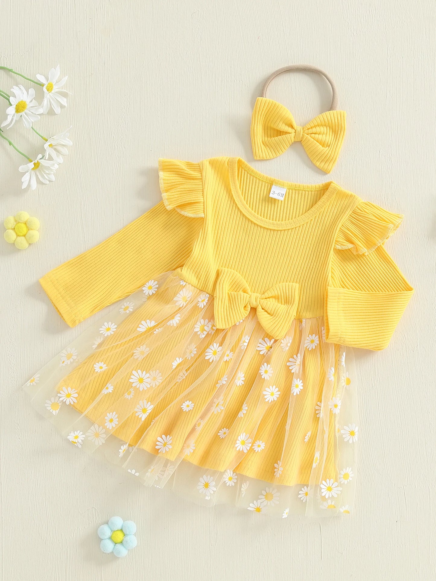 Lovely Baby Girls Fall Winter Dress - Sunflowers Print Tulle Dress with Headband (0-3Y)