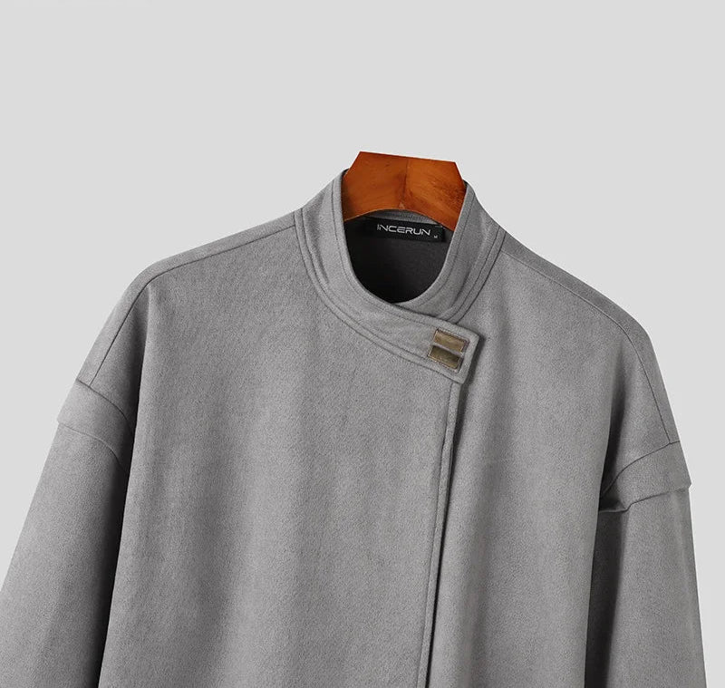 Men's Solid Simple Metal Buckle Design Jacket Coat Long Sleeved Jacket