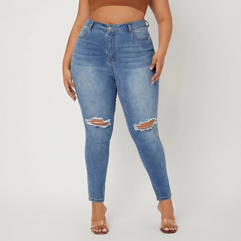 Women's Plus Size Ripped High Waist Stretchy Denim Jeans
