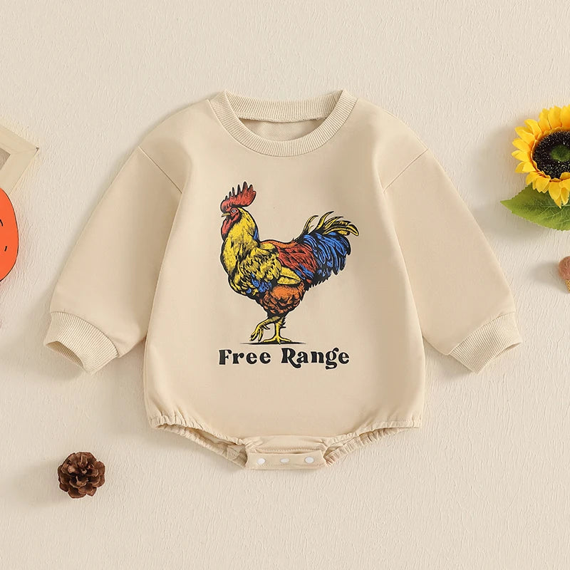 Baby Boys Western Rooster Print Romper - Spring Long Sleeve Crew Neck Jumpsuit (0-18M)