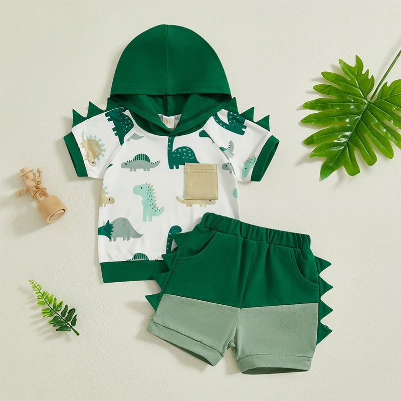 Baby Boys Dinosaur Print Summer Set - Hooded T-Shirt & Shorts (0-3Y)