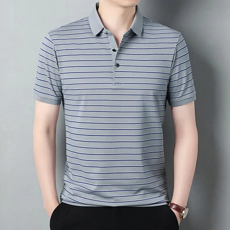 Men's Summer Striped Turn Down Collar Short Sleeve Smart Casual Wrinkle Free T-Shirt